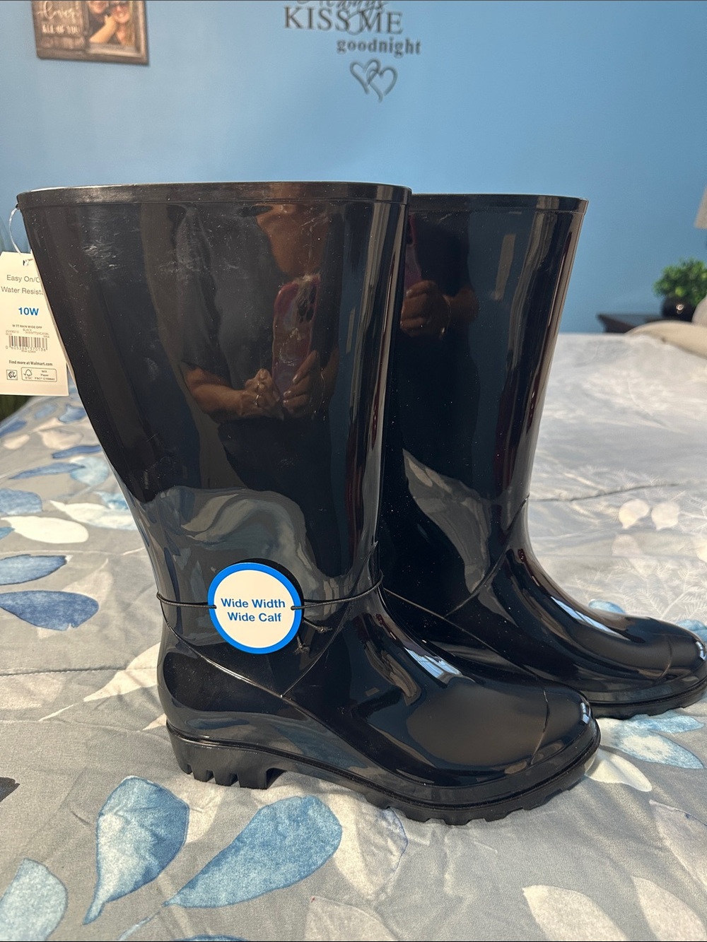 🖤 NWTS Time and Tru Women's Wide Calf Glossy Black Rain Boots Sz 10 wide 🖤